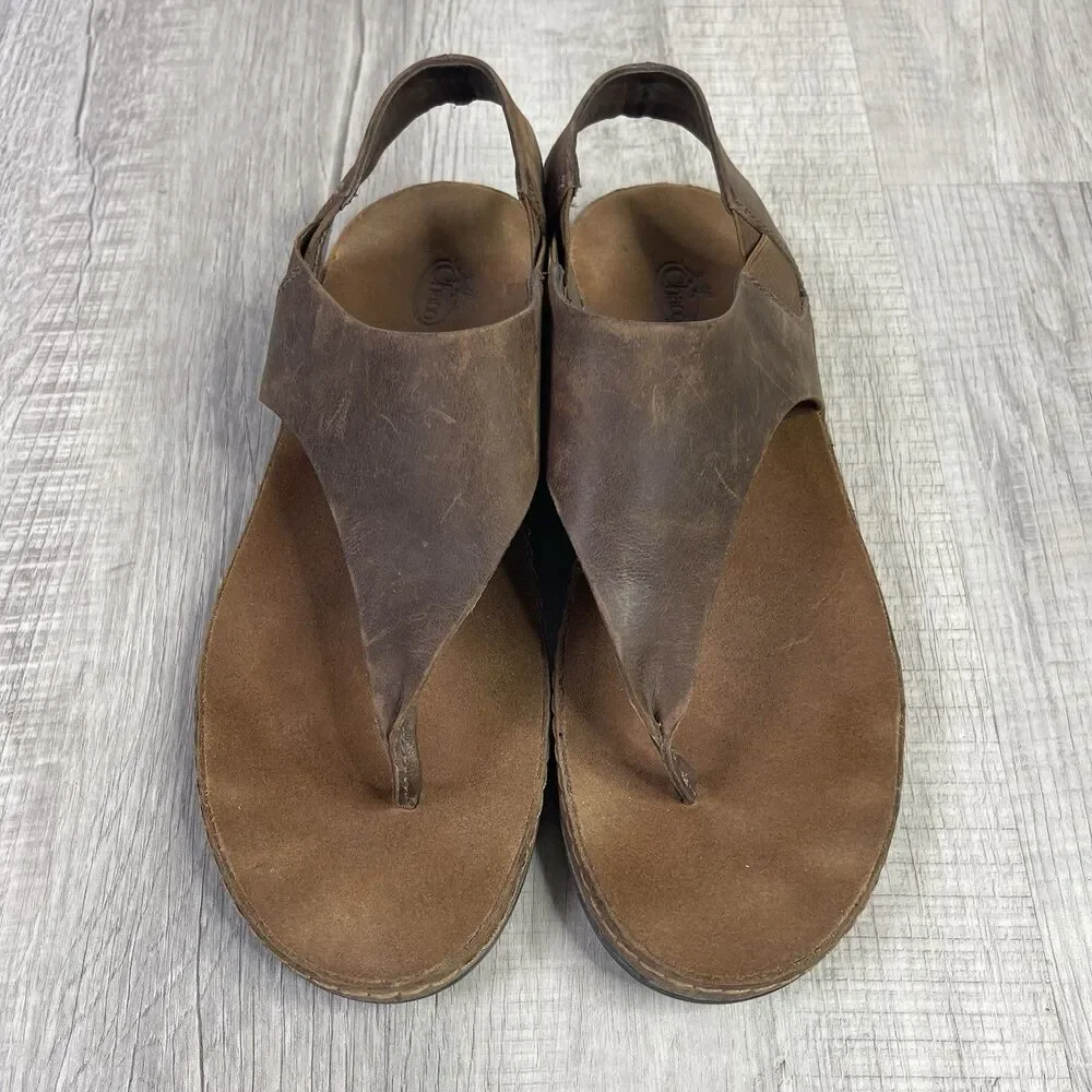 Chaco Womens Wayfarer Post Thong Sandals Toffee Leather Slingback Size 10 EUC M - Picture 3 of 9